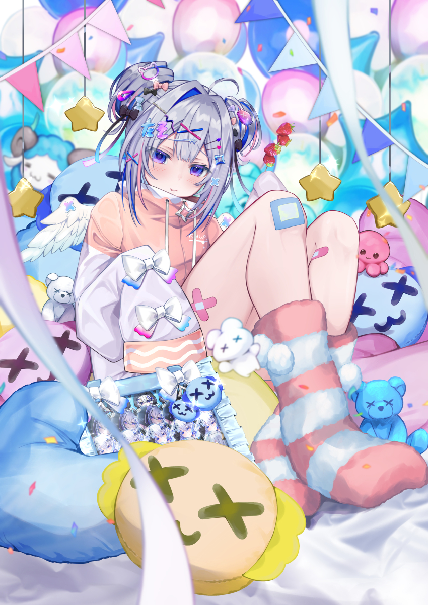 1girl, absurdres, ahoge, amane_kanata, amane_kanata_(summer), bandaid, bandaid_on_leg, blue_eyes, blue_hair, center-flap_bangs, closed_mouth, colored_inner_hair, commentary_request, double-parted_bangs, double_bun, grey_hair, hair_bun, hair_ornament, hairclip, high_collar, highres, hololive, jacket, knees_up, looking_at_viewer, medium_hair, multicolored_hair, multicolored_jacket, official_alternate_costume, official_alternate_hairstyle, pepamaro, pink_hair, pink_jacket, pout, short_hair, sidelocks, sitting, sleeves_past_fingers, sleeves_past_wrists, socks, solo, streaked_hair, striped_clothes, striped_socks, two-tone_jacket, upao_(amane_kanata), virtual_youtuber, white_jacket, x_hair_ornament