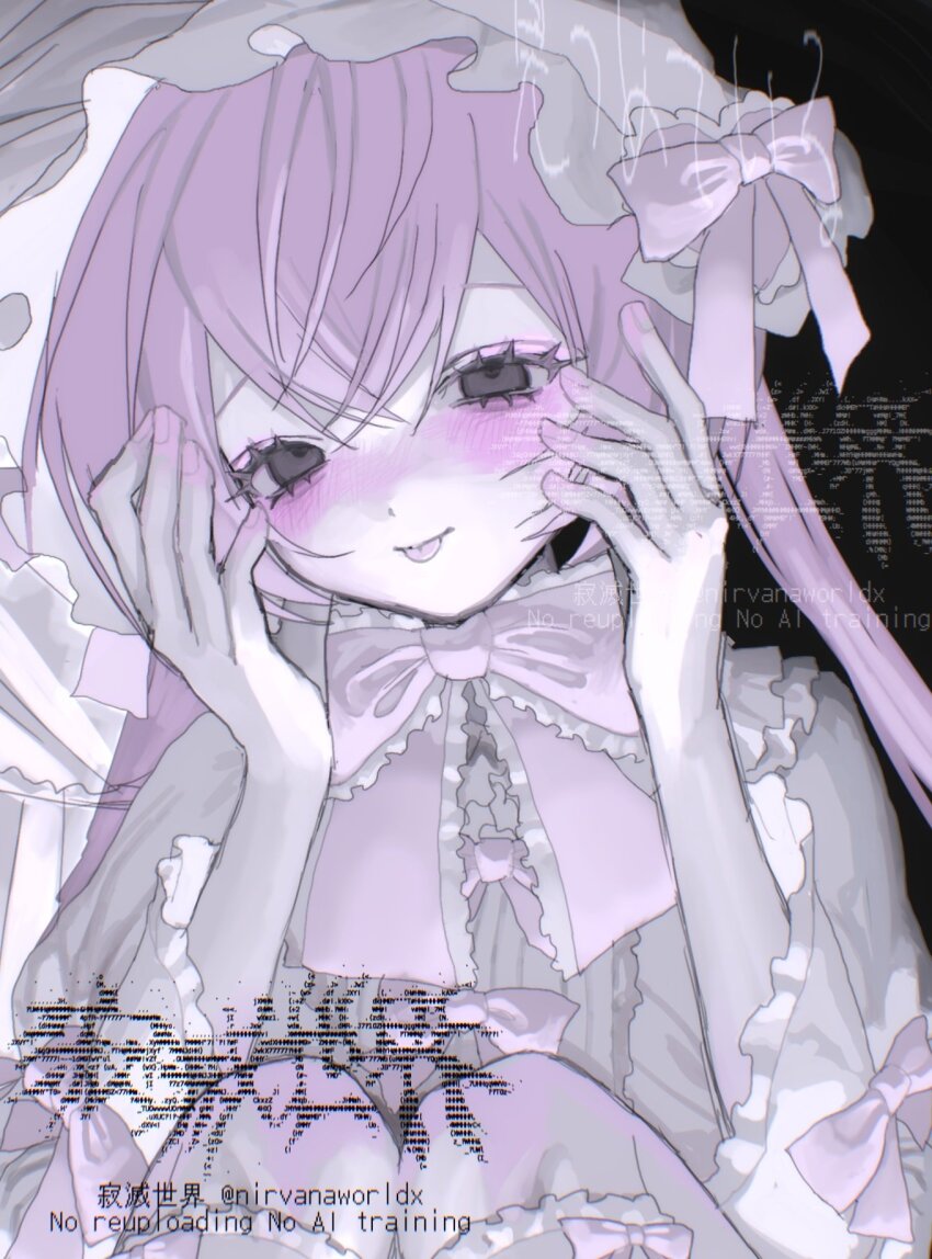 1girl, :p, aegyo_sal, blush, bonnet, bow, center_frills, closed_mouth