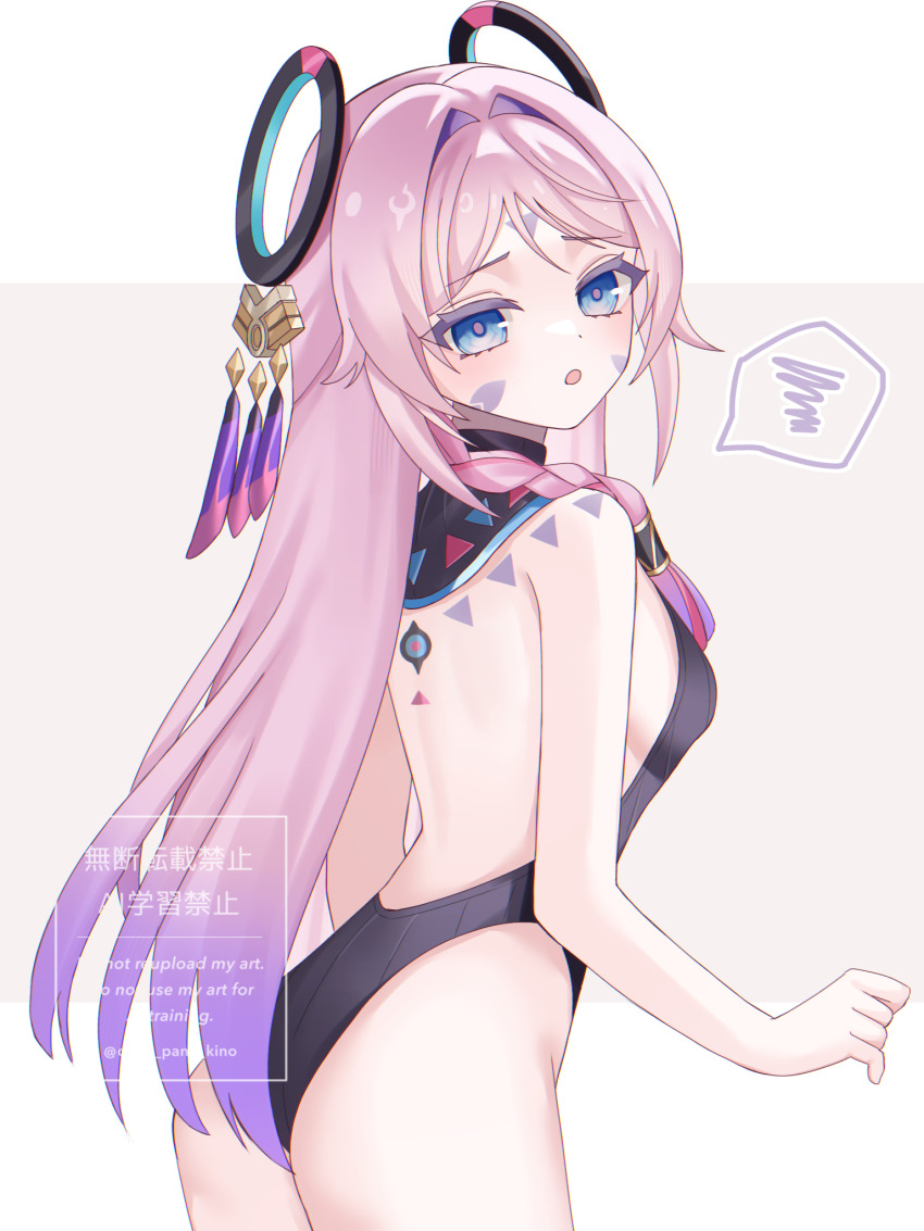 1girl, :o, ass, backless_leotard, bare_back, black_leotard, blue_eyes, blush, braid, breasts, citlali_(genshin_impact), commentary_request, cowboy_shot, facial_mark, floating_headgear, forehead_mark, from_behind, genshin_impact, headgear, highres, kino_(curry_pan), leotard, long_hair, looking_at_viewer, looking_back, medium_breasts, multicolored_hair, open_mouth, partial_commentary, pink_hair, pink_pupils, purple_hair, sleeveless_turtleneck_leotard, solo, twin_braids, very_long_hair