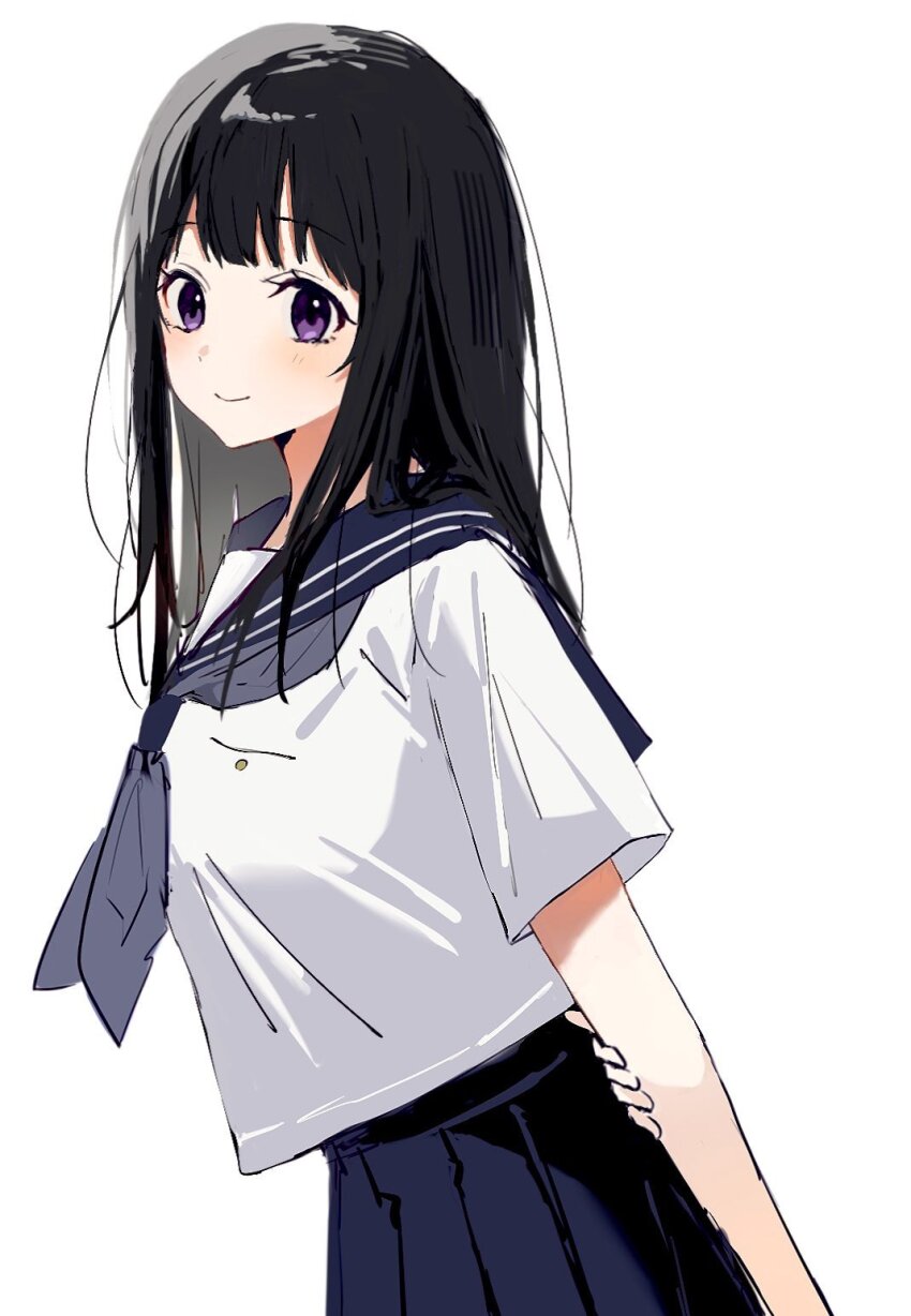 1girl, arms_behind_back, black_hair, blue_neckerchief, blue_sailor_collar, blue_skirt, chitanda_eru, highres