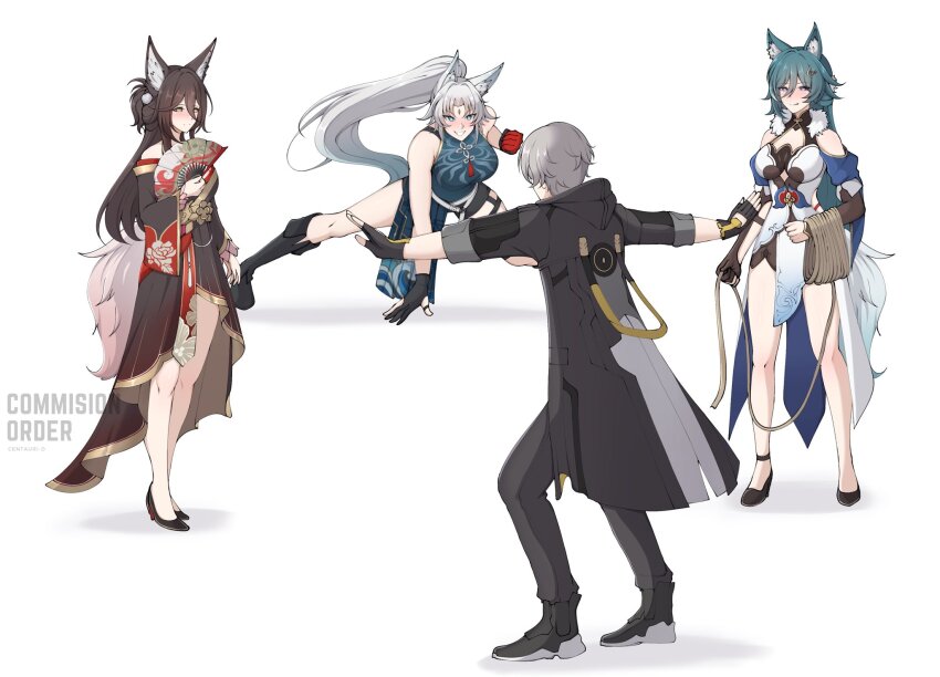 1boy, 3girls, animal_ear_fluff, animal_ears, arm_support, arms_up, bent_over, blue_eyes