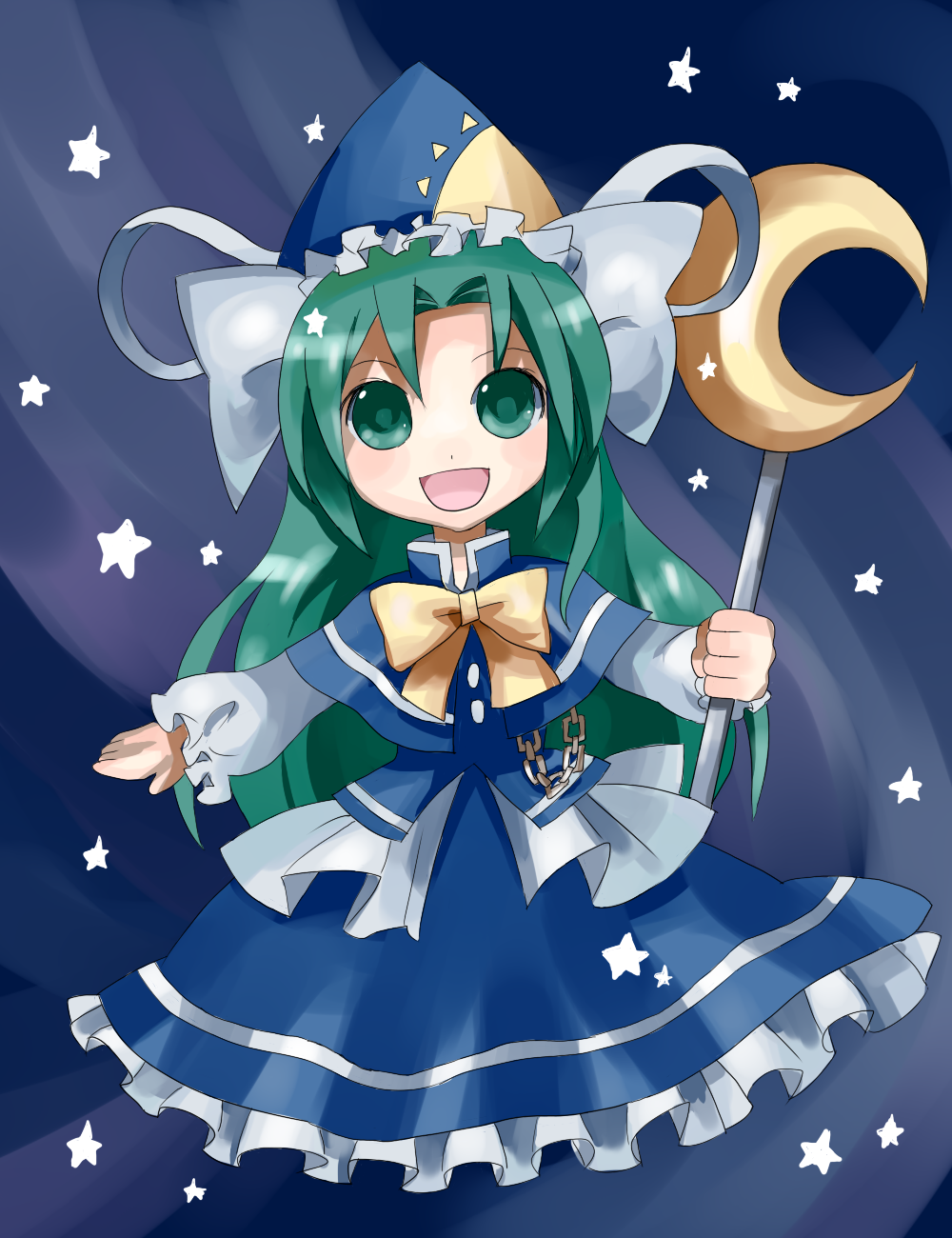 1girl, :d, bow, bowtie, capelet, chain, chibi, dress, female_focus, ghost_tail, green_eyes, green_hair, hat, highres, long_hair, matching_hair/eyes, mima_(touhou), no_legs, open_mouth, ribbon, smile, solo, staff, star_(symbol), sun_symbol, touhou, touhou_(pc-98), uiru, wizard_hat