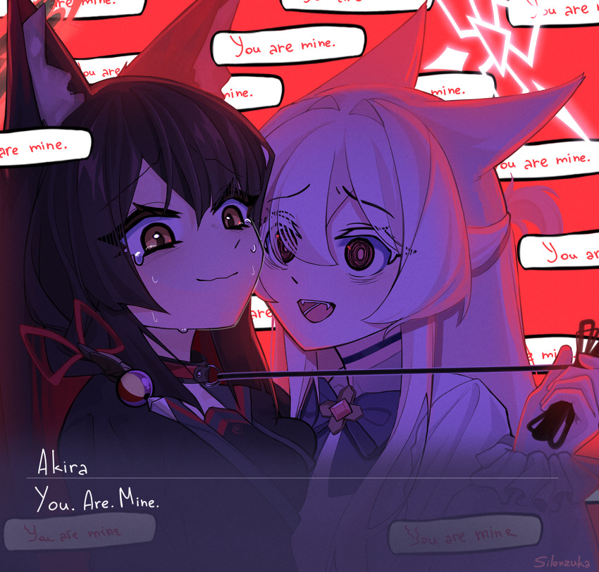 2girls, akira_(blue_archive), animal_ear_fluff, animal_ears, black_choker, black_hair, black_kimono, black_sailor_collar