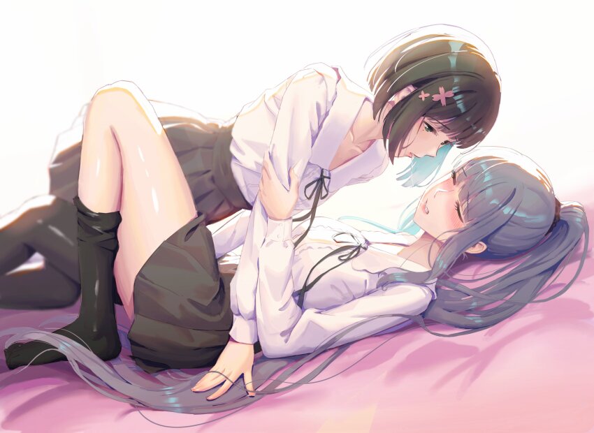 2girls, absurdres, after_kiss, all_fours, alternate_hairstyle, black_pantyhose, black_skirt, blush