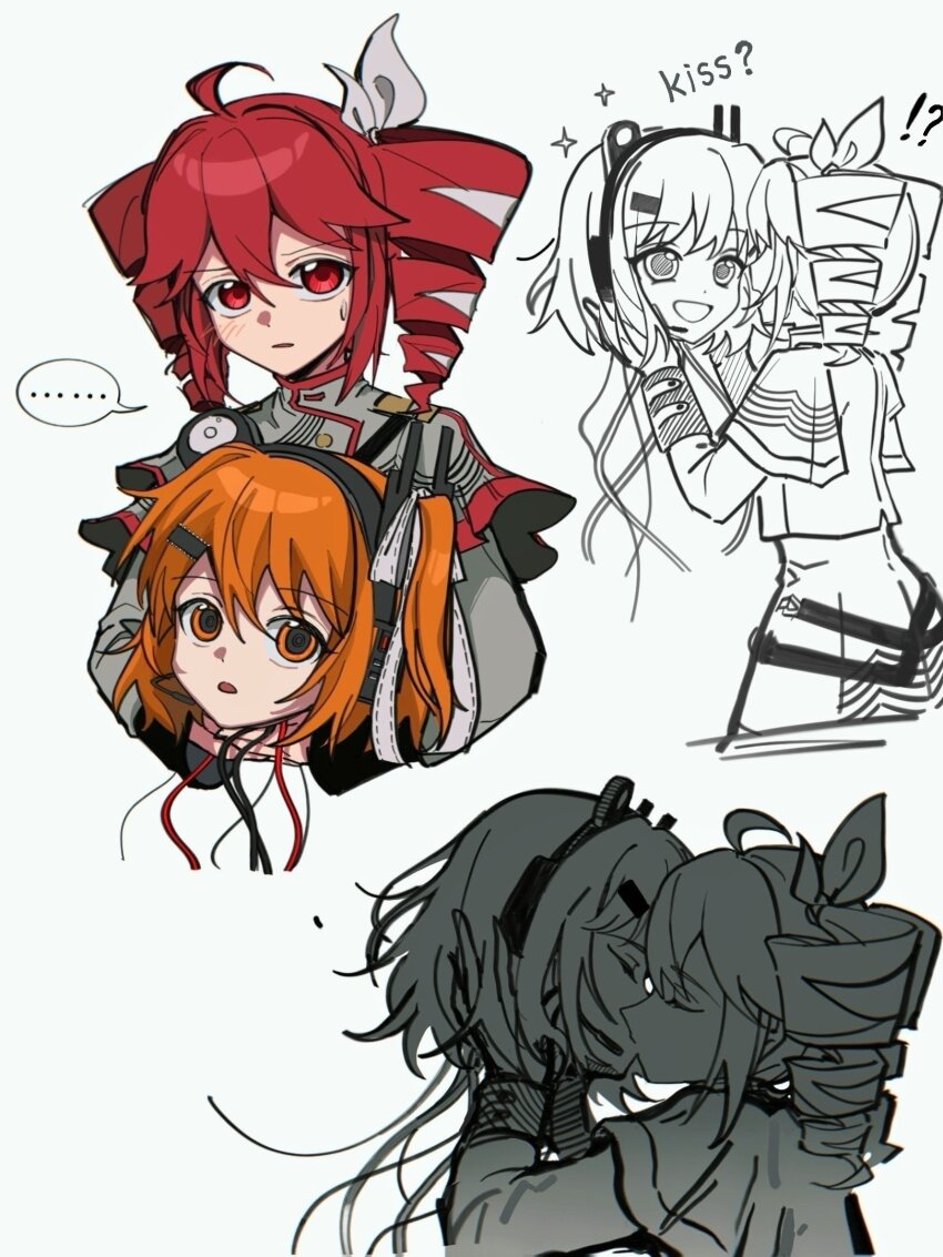 !?, ..., 2girls, :d, a.i._voice, adachi_rei, ahoge, asymmetrical_blush, black_hairband, cable, closed_eyes, commentary, cropped_legs, drill_hair, from_side, grey_jacket, hair_between_eyes, hair_ribbon, hairband, hashtag-only_commentary, headset, highres, holding_detached_head, jacket, kasane_teto, kasane_teto_(sv), kimmy6710223, kiss, layered_sleeves, long_sleeves, looking_at_viewer, medium_hair, multiple_girls, multiple_views, one_side_up, open_mouth, orange_eyes, orange_hair, outside_border, parted_lips, partially_colored, radio_antenna, red_eyes, red_hair, ribbon, severed_head, short_over_long_sleeves, short_sleeves, simple_background, sketch, smile, sparkle, spoken_ellipsis, synthesizer_v, twin_drills, utau, white_hair, white_ribbon, yuri