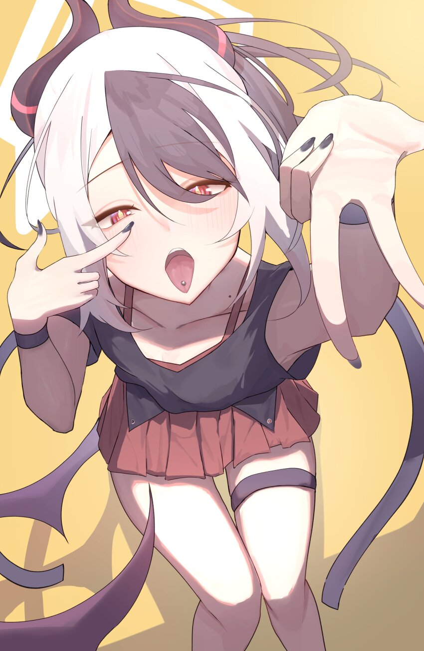 1girl, absurdres, black_hair, black_nails, blue_archive, collarbone, dress, dress_under_shirt, from_above, halo, highres, horns, kayoko_(blue_archive), low_wings, mole, mole_on_collarbone, multicolored_hair, mumu_(2arlcevpxn83807), open_mouth, piercing, pointing, pointing_at_self, ponytail, red_eyes, shirt, single_wing, sleeveless, sleeveless_dress, sleeveless_shirt, solo, thigh_strap, tongue, tongue_out, tongue_piercing, two-tone_hair, v, white_hair, wings