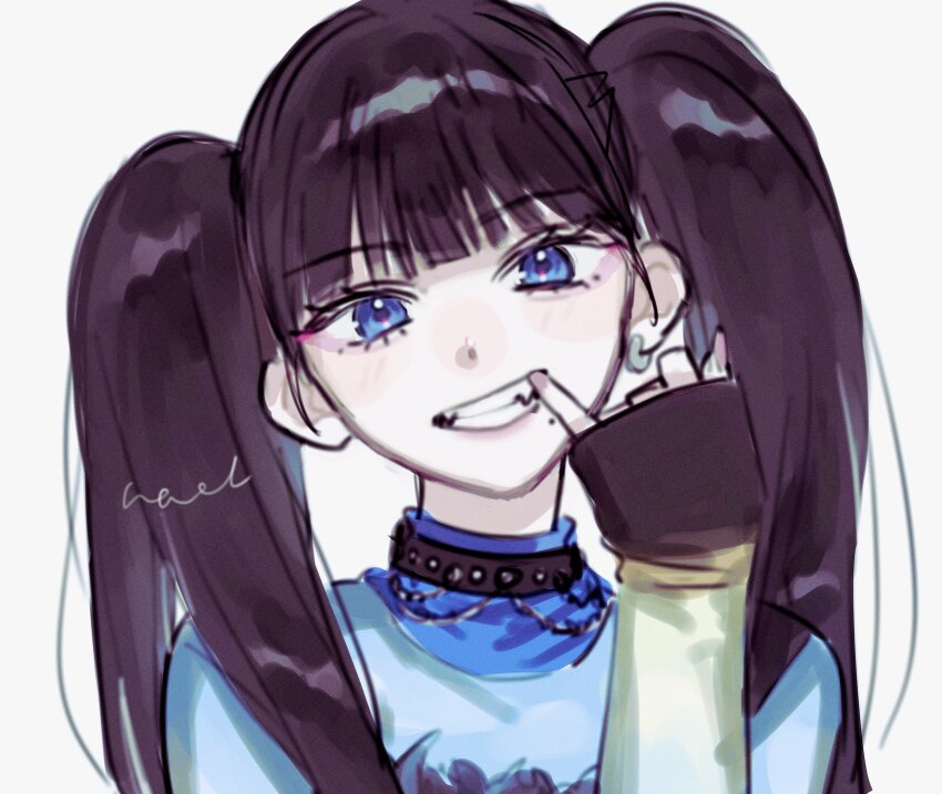 1girl, aespa, black_hair, blue_eyes, blunt_bangs, clenched_teeth, commentary, earrings, eyelashes, highres, jewelry, k-pop, karina_(aespa), long_sleeves, looking_at_viewer, mole, mole_under_mouth, nacl5844277, pink_nails, real_life, simple_background, solo, teeth, twintails, upper_body, white_background