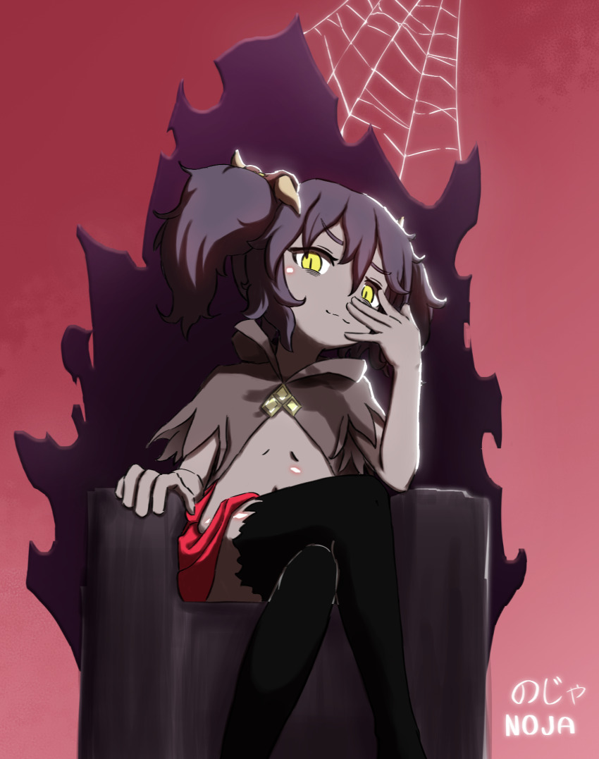 1girl, black_thighhighs, brown_capelet, capelet, chair, colored_skin, furei79, highres, lec_(sequel), navel, on_throne, purple_hair, purple_skin, red_background, sequel_(series), short_hair, smile, smug, solo, thighhighs, throne, torn_capelet, torn_clothes, twintails, yellow_eyes