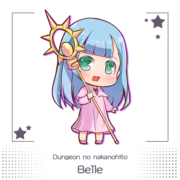 1girl, belle_(dungeon_people), blue_hair, blush, blush_stickers, character_name, chibi, copyright_name