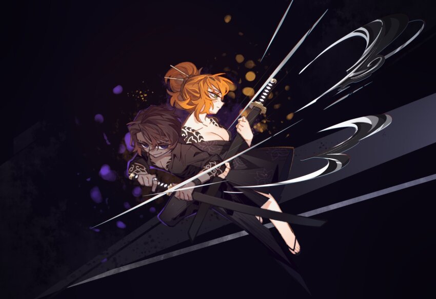 1boy, 1girl, back-to-back, black_background, black_kimono, black_pants, black_shirt, breasts