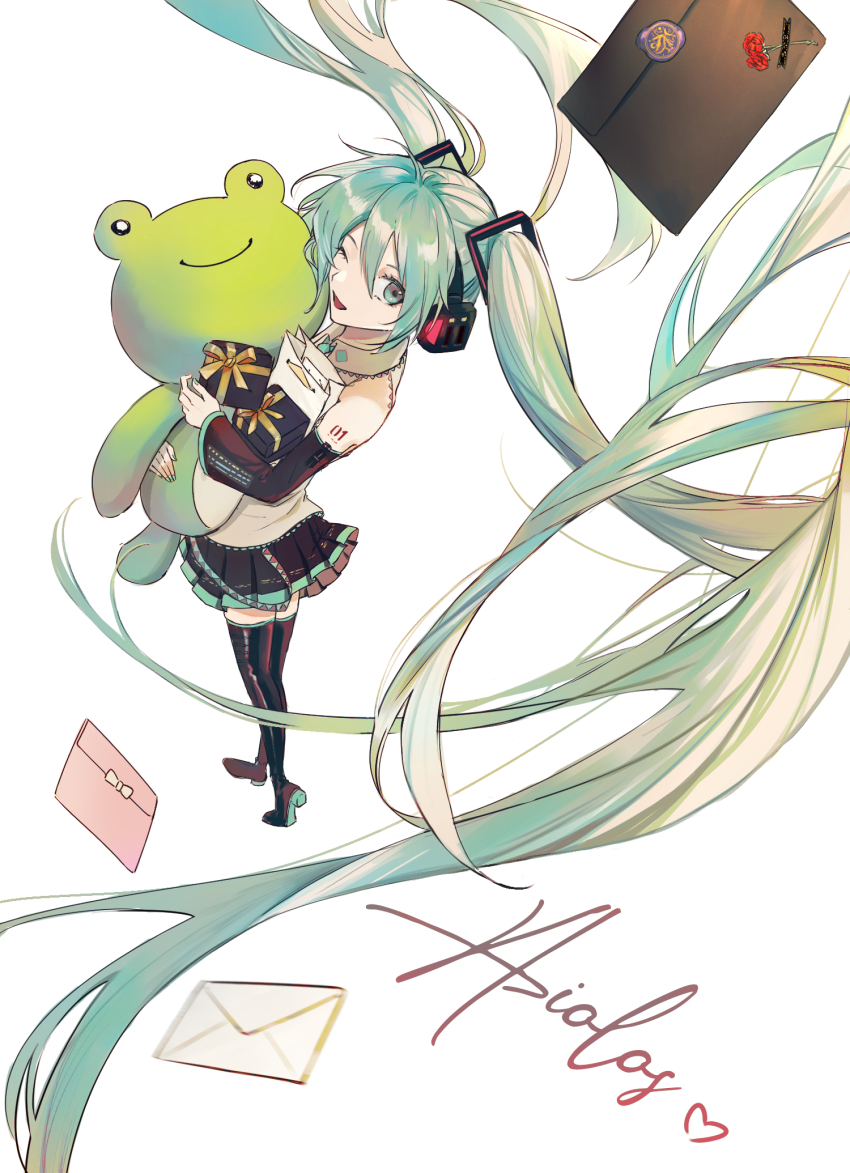 1girl, aqua_eyes, aqua_hair, aqua_necktie, bare_shoulders, black_boots, black_skirt, black_sleeves, boots, box, detached_sleeves, envelope, from_above, geolu, gift, gift_box, grey_vest, hair_ornament, hatsune_miku, headphones, highres, long_hair, necktie, number_tattoo, one_eye_closed, open_mouth, pleated_skirt, shoulder_tattoo, skirt, smile, solo, stuffed_animal, stuffed_frog, stuffed_toy, tattoo, thigh_boots, twintails, very_long_hair, vest, vocaloid, wax_seal, white_background