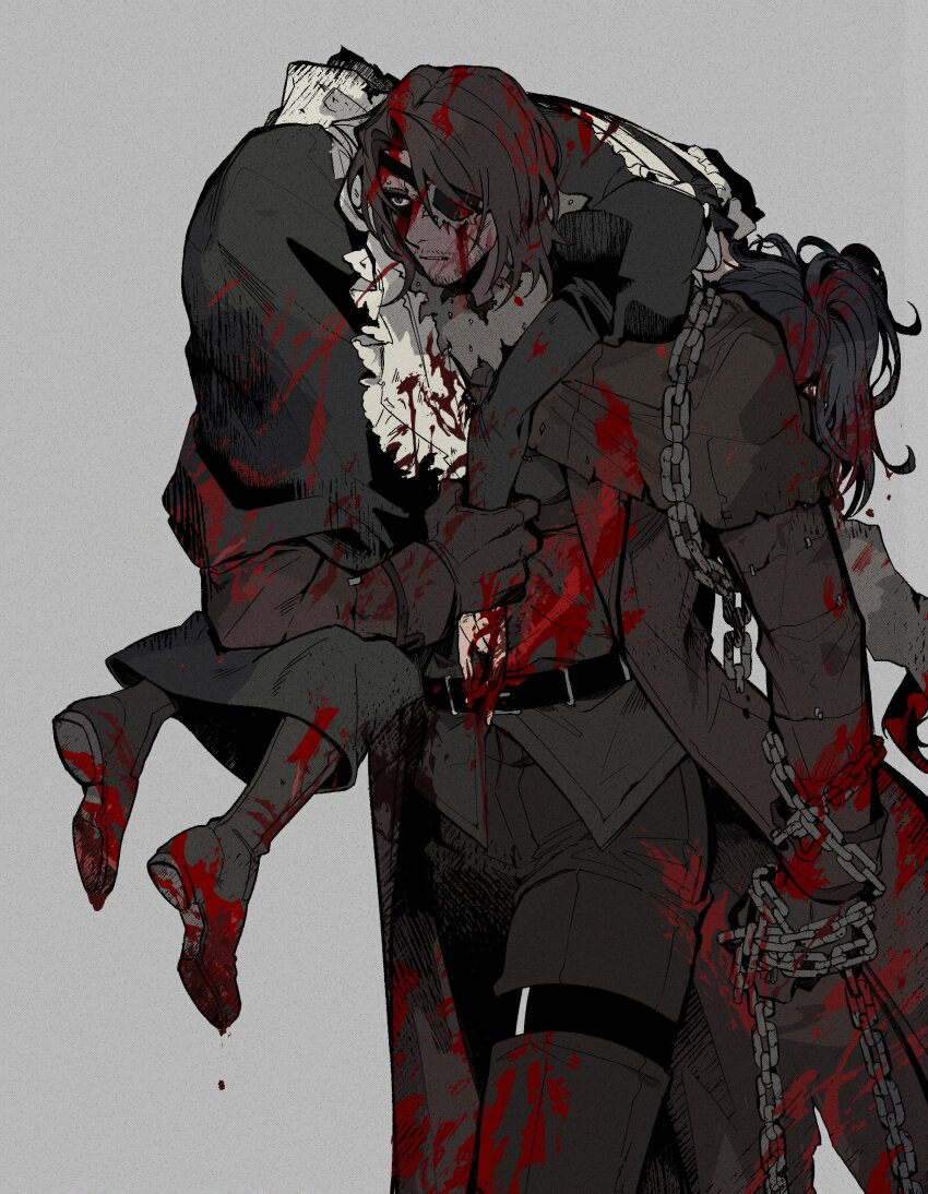 1boy, 1girl, apron, beard_stubble, belt, black_boots, black_dress, black_gloves