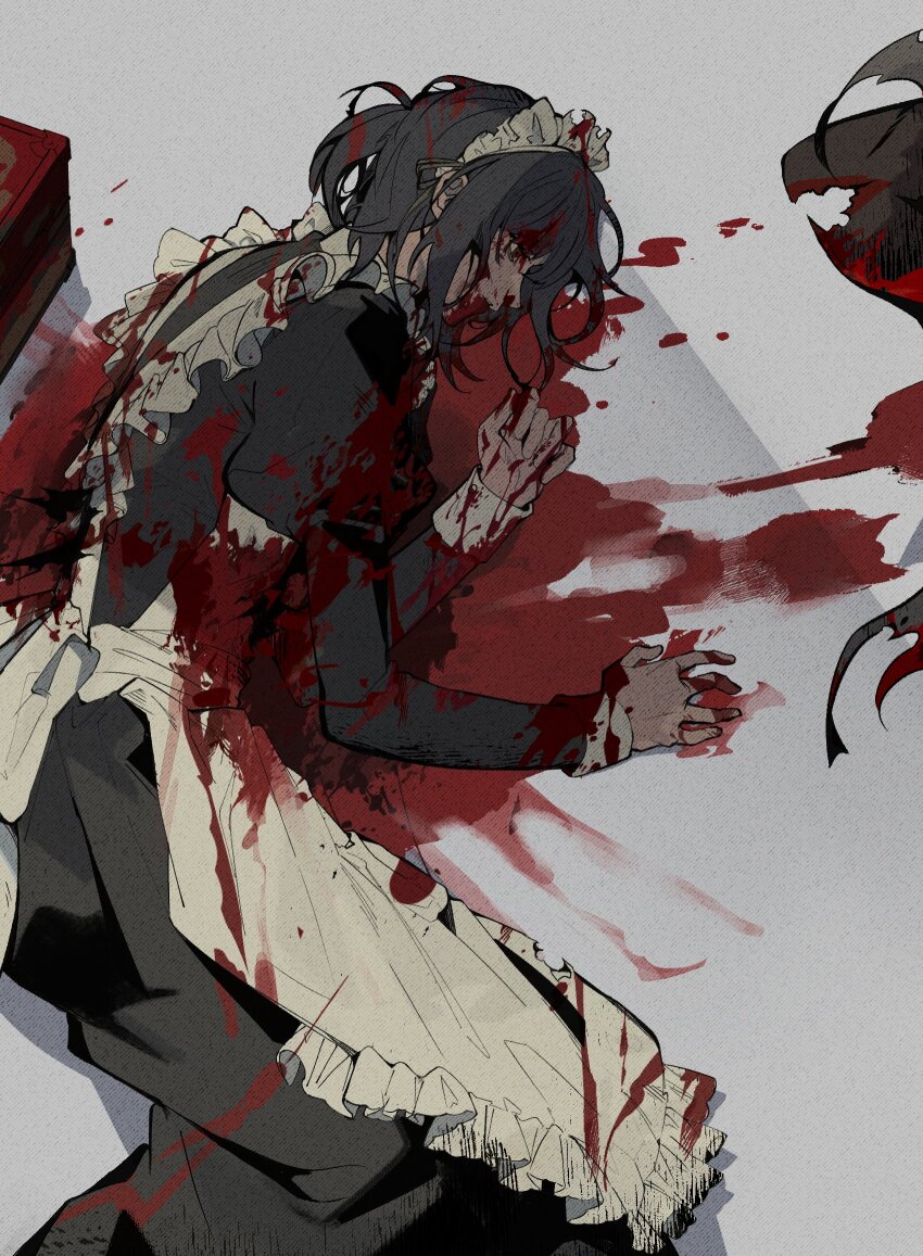 1boy, 1girl, apron, black_dress, black_hair, blood, blood_from_mouth, blood_on_clothes