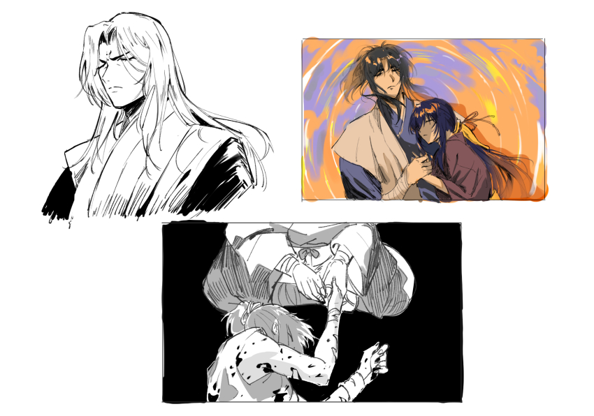 2girls, 3boys, basilisk, basilisk_(manga), black_background, blood, blood_on_arm, blue_kimono, border, breasts, closed_eyes, couple, dougi, furrowed_brow, geolu, hair_between_eyes, hair_ribbon, hetero, highres, holding_hands, iga_oboro, japanese_clothes, kimono, kouga_gennosuke, low_ponytail, medium_breasts, multiple_boys, multiple_girls, muroga_hyouma, okoi, parted_bangs, ponytail, ribbon, ripples, sidelocks, sitting, upper_body, white_border, yellow_ribbon