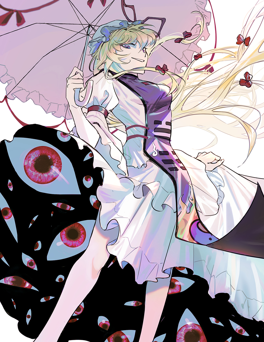 1girl, blonde_hair, bow, breasts, dress, feet_out_of_frame, from_behind, geolu