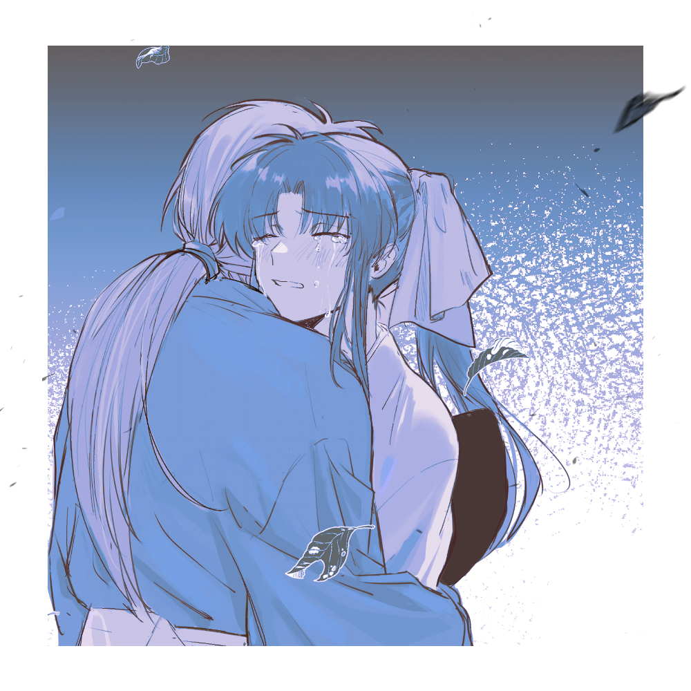 1boy, 1girl, border, clenched_teeth, closed_eyes, couple, crying, falling_leaves