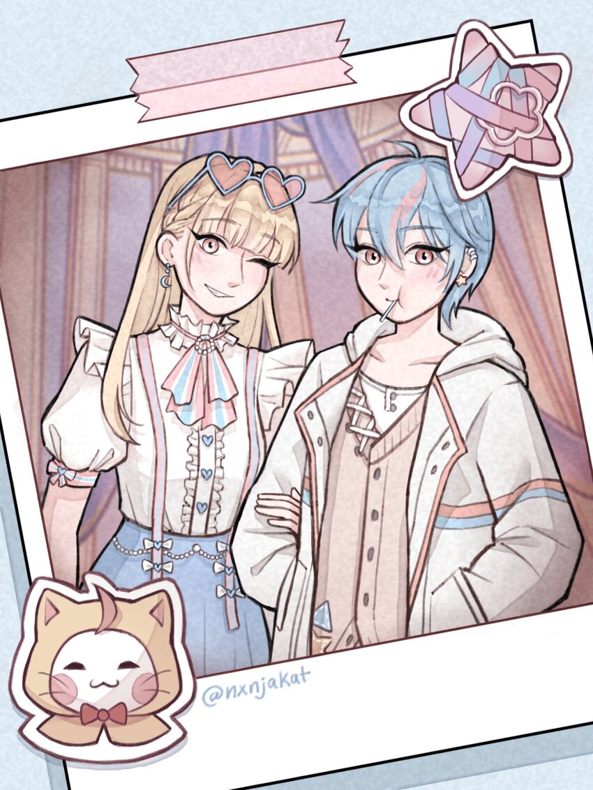 +_+, 2girls, ^_^, ahoge, bebe_(infinity_nikki), blonde_hair, blue-framed_eyewear, blue_background, blue_hair, blue_skirt, blunt_bangs, blush_stickers, bow, bowtie, braid, brown_eyes, brown_vest, buttons, candy, center_frills, cloak, closed_eyes, collarbone, commentary, crescent, crescent_earrings, dada_(infinity_nikki), ear_covers, ear_piercing, earrings, english_commentary, expressionless, eyelashes, eyewear_on_head, food, food_in_mouth, frills, glasses, grin, hair_between_eyes, hands_in_pockets, happy, heart_button, high-waist_skirt, highres, holding_another's_arm, hood, hood_down, hood_up, hooded_cloak, hooded_jacket, infinity_nikki, jacket, jewelry, light_blush, lollipop, lollipop_in_mouth, long_sleeves, magnet, momo_(nikki), multicolored_hair, multiple_girls, nikki_(series), nxnjakat, one_eye_closed, open_clothes, open_jacket, patch, photo_(object), piercing, pink-tinted_eyewear, pink_bow, pink_bowtie, pink_hair, puffy_short_sleeves, puffy_sleeves, red_bow, red_bowtie, shadow, shirt, short_hair, short_sleeves, side_braid, single_sidelock, single_stripe, skirt, sleeve_bow, smile, star_(symbol), streaked_hair, striped_bow, striped_bowtie, striped_clothes, sunglasses, suspender_skirt, suspenders, sweater_vest, tape, tinted_eyewear, traditional_bowtie, triangle, twitter_username, vest, whimstar_(infinity_nikki), whiskers, white_jacket, white_shirt, yarm_helmet, yellow_cloak