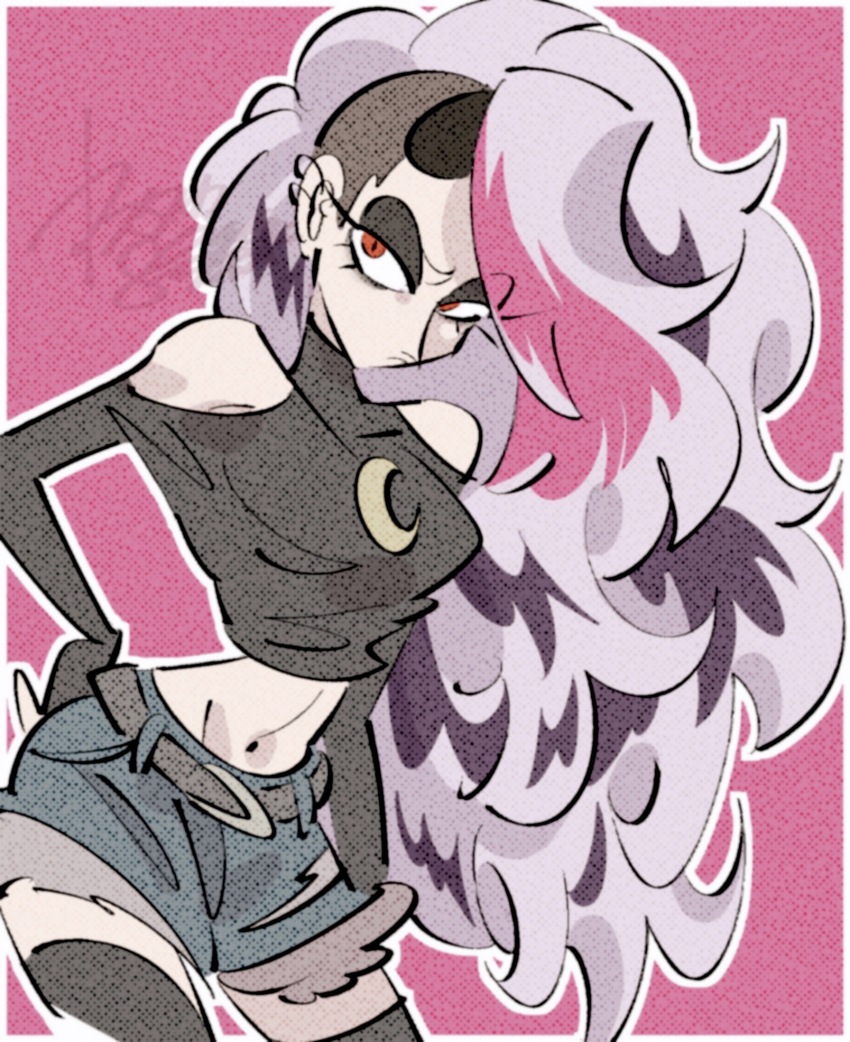 1girl, black_shorts, border, crop_top, cropped_shirt, demon_girl, dog_girl, dog_tail