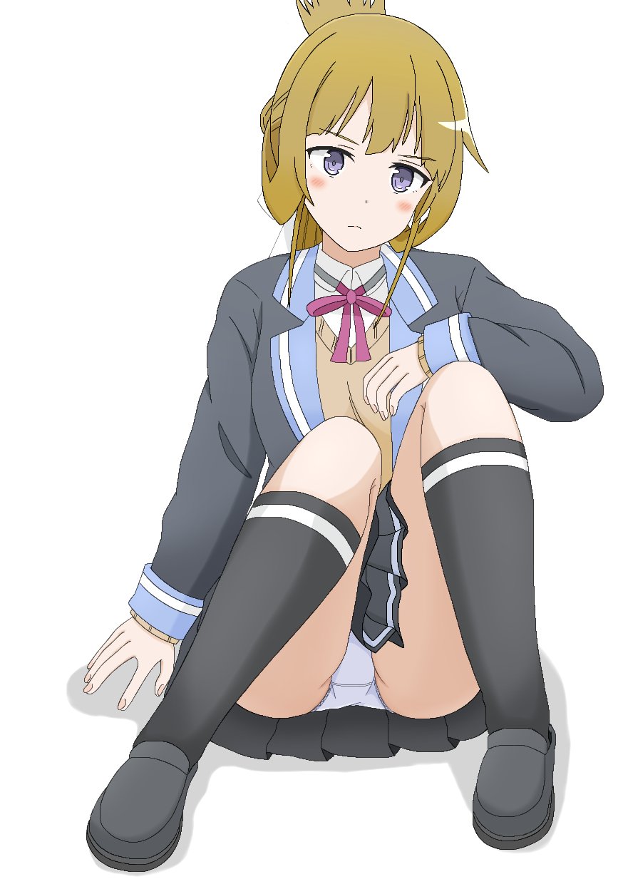 1girl, black_jacket, black_shoes, black_skirt, black_socks, blonde_hair, blush, brown_hair, efkbcy1oveu6taw, folded_ponytail, frown, highres, jacket, kneehighs, long_hair, long_sleeves, looking_at_viewer, neck_ribbon, nogi_wakaba, nogi_wakaba_wa_yuusha_de_aru, panties, pantyshot, pleated_skirt, purple_eyes, ribbon, school_uniform, shoes, simple_background, sitting, skirt, socks, solo, underwear, white_background, white_panties, yuusha_de_aru