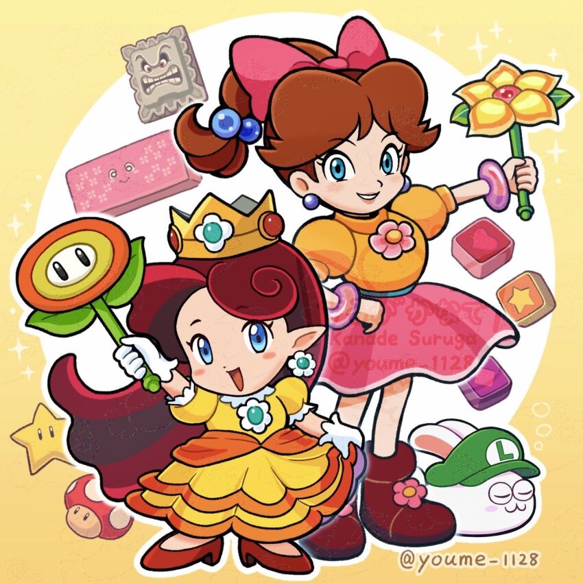 2girls, adversarial_noise, age_difference, alternate_hairstyle, blue_eyes, blush_stickers, brooch, child, commentary_request, cosplay, costume_switch, crossover, crown, dress, earrings, fire_flower, flower_brooch, flower_earrings, flower_wand, furifuri_(panel_de_pon), hairstyle_switch, height_difference, highres, holding, holding_wand, jewelry, lip_(panel_de_pon), lip_(panel_de_pon)_(cosplay), long_hair, luigi_hat, mario_(series), multiple_girls, nintendo, orange_dress, panel_de_pon, princess, princess_daisy, princess_daisy_(cosplay), short_sleeves, skirt, sphere_earrings, super_mushroom, super_star_(mario), suruga_kanade, thwomp, twitter_username, wand, watermark, yellow_dress
