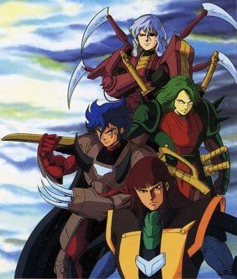 4boys, anubis_(samurai_troopers), armor, blue_hair, cale, cape, claws, expressionless, eyepatch, green_hair, looking_at_viewer, multiple_boys, naaza, official_art, rajura, red_hair, samurai, scar, scar_on_face, serious, shuten_doji_(samurai_troopers), sunrise_(company), sword, weapon, white_hair, yoroiden_samurai_troopers