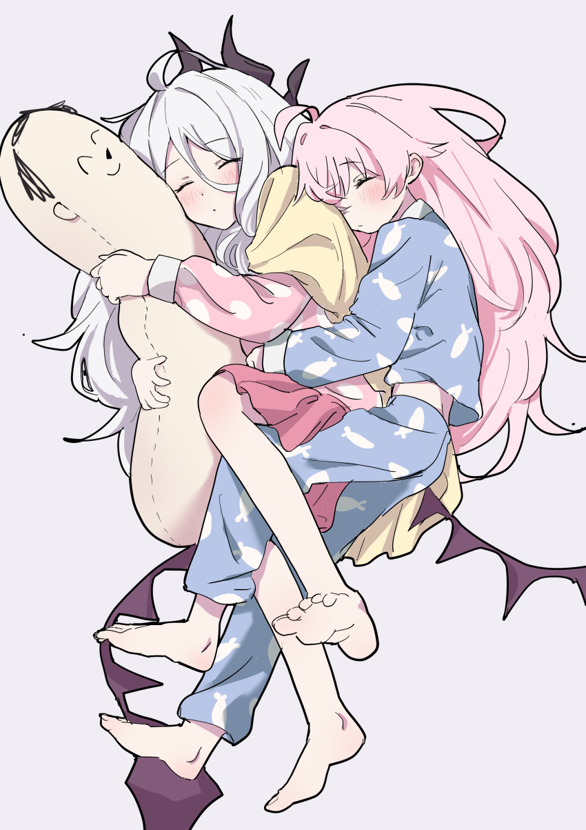 2girls, absurdres, bare_legs, barefoot, blue_archive, blue_pajamas, commentary_request, dakimakura_(object)