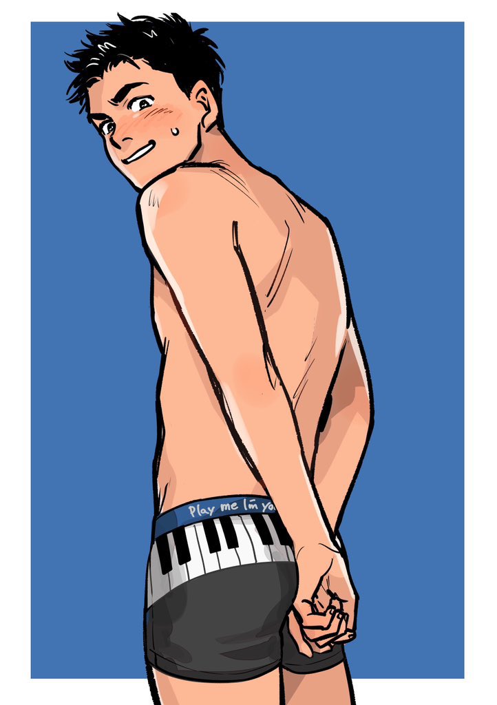 1boy, arms_behind_back, black_hair, black_male_underwear, blush, border, commentary_request, english_text