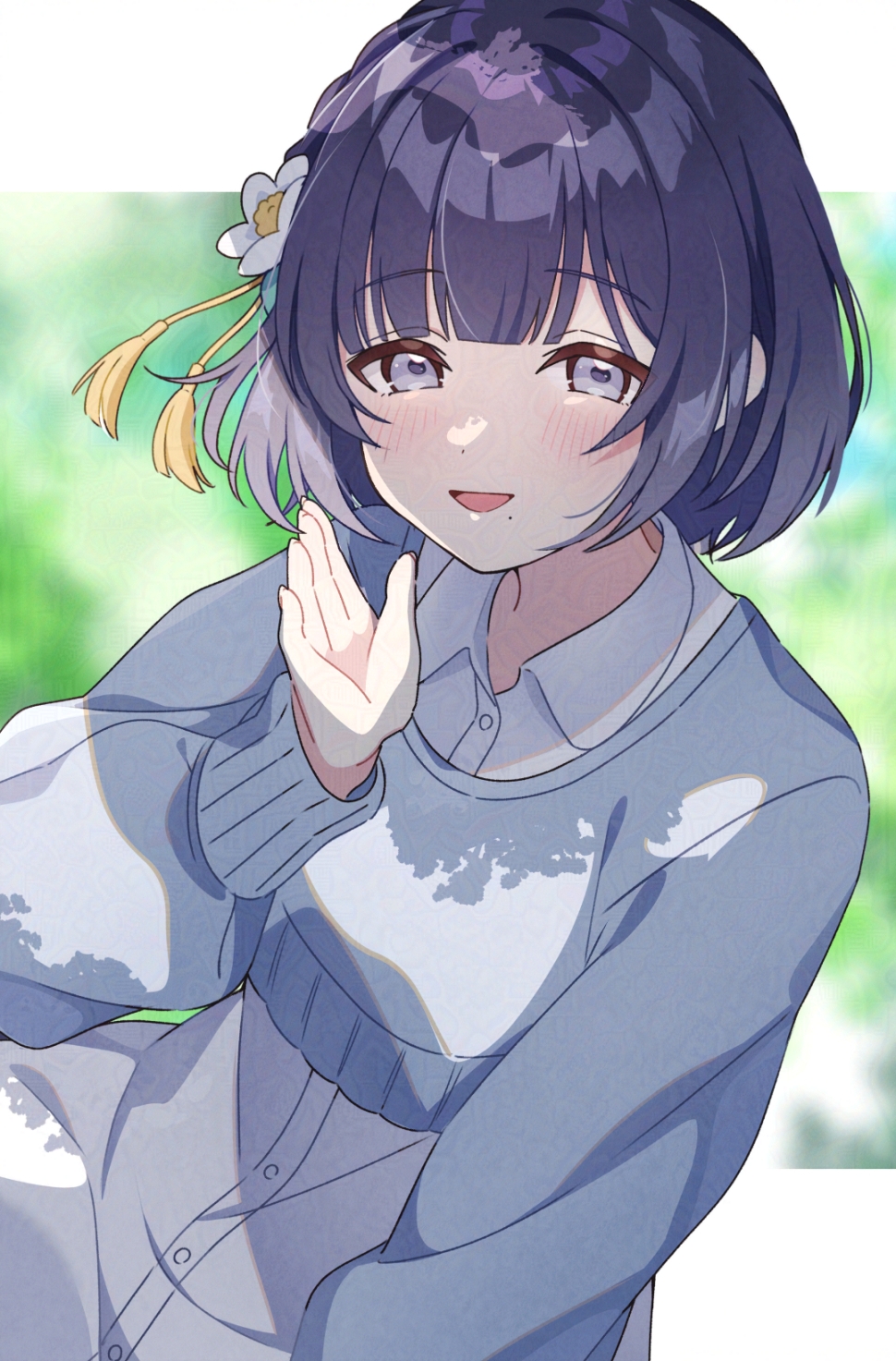 1girl, blue_sweater, blurry, blurry_background, blush, buttons, collared_dress, cropped_sweater