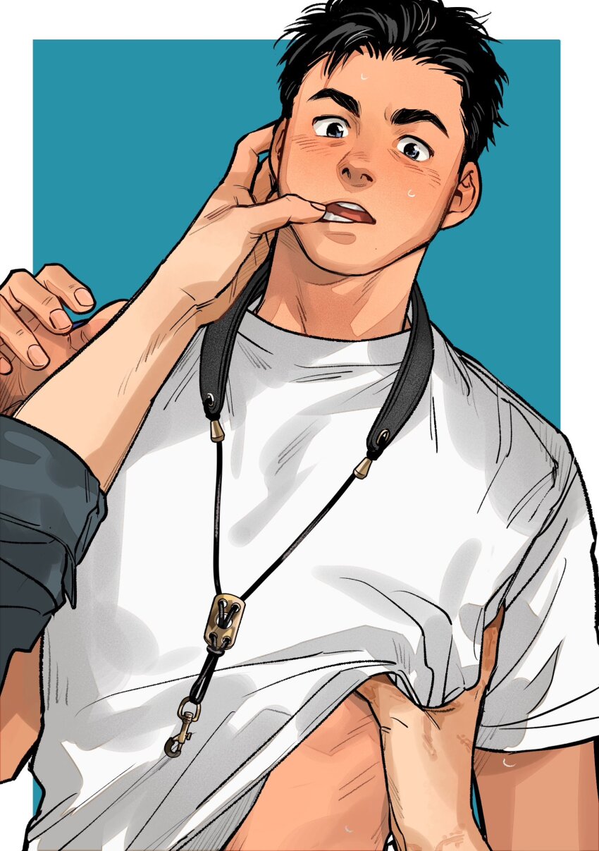 2boys, black_hair, black_shirt, blush, border, character_request, clothes_lift, commentary_request, copyright_request, finger_in_another's_mouth, grey_eyes, highres, looking_at_viewer, male_focus, multiple_boys, open_mouth, out_of_frame, outside_border, outstretched_arm, shirt, shirt_lift, short_hair, short_sleeves, solo_focus, sorewakaru0001, t-shirt, teeth, upper_body, white_border, white_shirt, yaoi