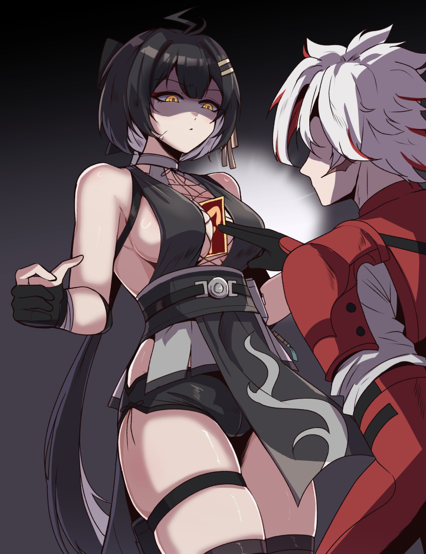 1boy, 1girl, absurdres, bare_shoulders, between_breasts, black_bow, black_dress, black_gloves