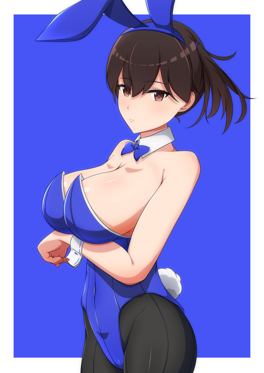 1girl, animal_ears, bell_shireikan, blue_bow, blue_bowtie, blue_leotard, bow, bowtie