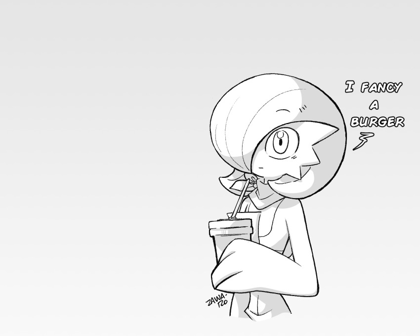 1girl, bob_cut, drink, drinking_straw, gardevoir, gen_3_pokemon, grey_background, hair_over_one_eye