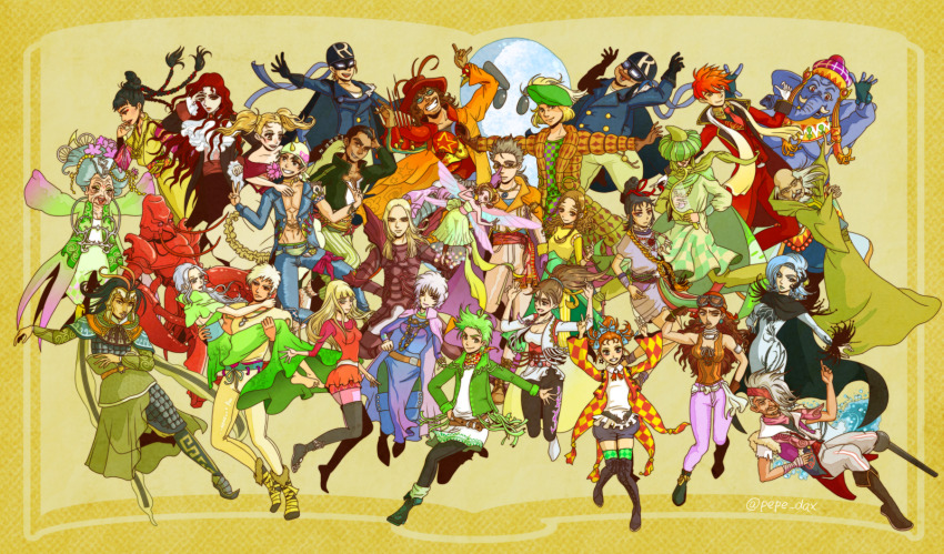 6+boys, 6+girls, armor, bai_meiniang, bald, bandages, bandana, bard_(romancing_saga_3), beard, black_hair, blonde_hair, blue_bow, blue_hair, boots, boston_(romancing_saga_3), bow, breasts, brown_gloves, brown_hair, carrying, character_request, charl_(romancing_saga_3), check_character, cleavage, double_v, earrings, elephant_boy, ellen_carson, everyone, facial_hair, fairy, fat_robin_(romancing_saga_3), fingerless_gloves, flower, flurry_(romancing_saga_3), fullbright_(romancing_saga_3), glasses, gloves, goggles, goggles_on_headwear, green_footwear, green_hair, grey_hair, hair_bow, hair_flower, hair_ornament, hair_over_one_eye, hat, herman_(romancing_saga_3), highres, holding, holding_instrument, instrument, jewelry, julian_nohl, katarina_lauran, khalid_(romancing_saga_3), leonid_(romancing_saga_3), lobster_boy, mikhail_ausbach, monika_ausbach, multiple_boys, multiple_girls, muse_claudia_claudius, mustache, nora_(romancing_saga_3), paul_(romancing_saga_3), peg_leg, peony_(romancing_saga_3), pepe_dqx, pink_flower, princess_carry, red_hair, robin_(romancing_saga_3), romancing_saga_3, rukh_(romancing_saga_3), saga, sarah_carson, simple_background, smile, sunglasses, tatyana_rzhyev, thomas_bent, tiberius_(romancing_saga_3), twintails, undine_(romancing_saga_3), v, ward_(romancing_saga_3), wings, yang_fan, young_boy_(romancing_saga_3), zhi_ling