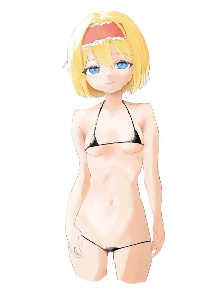 1girl, alice_margatroid, bikini, black_bikini, blonde_hair, blue_eyes, breasts, commentary