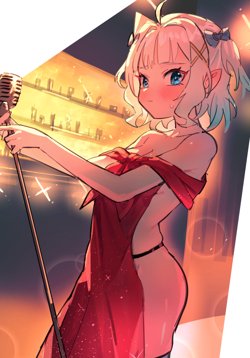 1girl, absurdres, ahoge, ass, backless_dress, backless_outfit, bare_shoulders, blue_bow