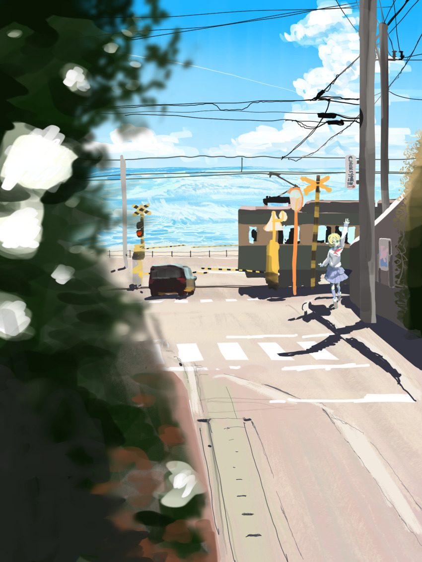 1girl, arm_up, blonde_hair, blue_skirt, blue_sky, car, cloud, commentary_request