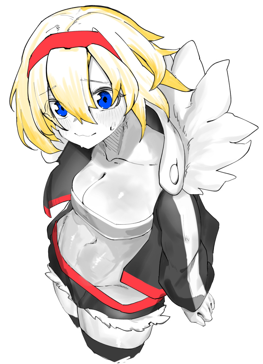 1girl, alice_margatroid, bandeau, black_jacket, black_shorts, blonde_hair, blue_eyes, blush