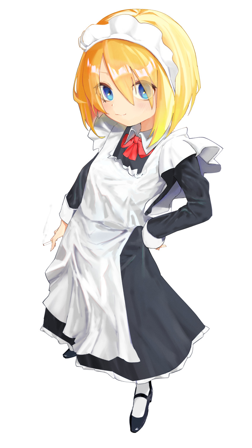 1girl, absurdres, alice_margatroid, alternate_costume, apron, black_dress, black_shoes, blonde_hair, blue_eyes, blush, bow, bowtie, cigarette, closed_mouth, commentary_request, cookie_(touhou), dress, enmaided, eyes_visible_through_hair, full_body, hair_between_eyes, highres, holding, holding_cigarette, long_bangs, long_dress, long_sleeves, looking_at_viewer, maid, maid_headdress, mary_janes, red_bow, red_bowtie, shoes, short_hair, simple_background, smile, socks, solo, standing, taisa_(cookie), touhou, white_apron, white_background, white_socks, whiterolo