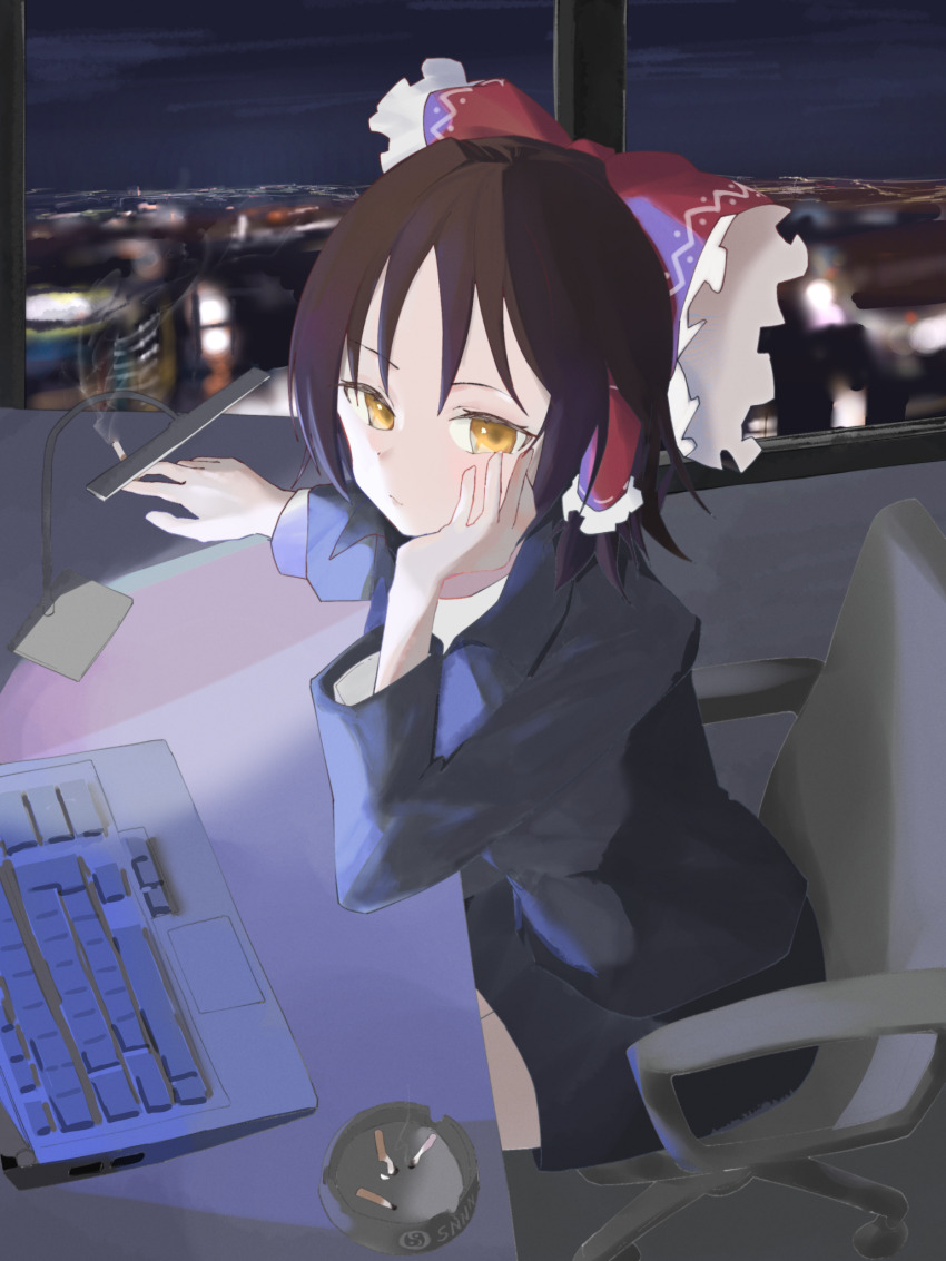 1girl, ashtray, black_jacket, black_skirt, blurry, blurry_background, blush, bow