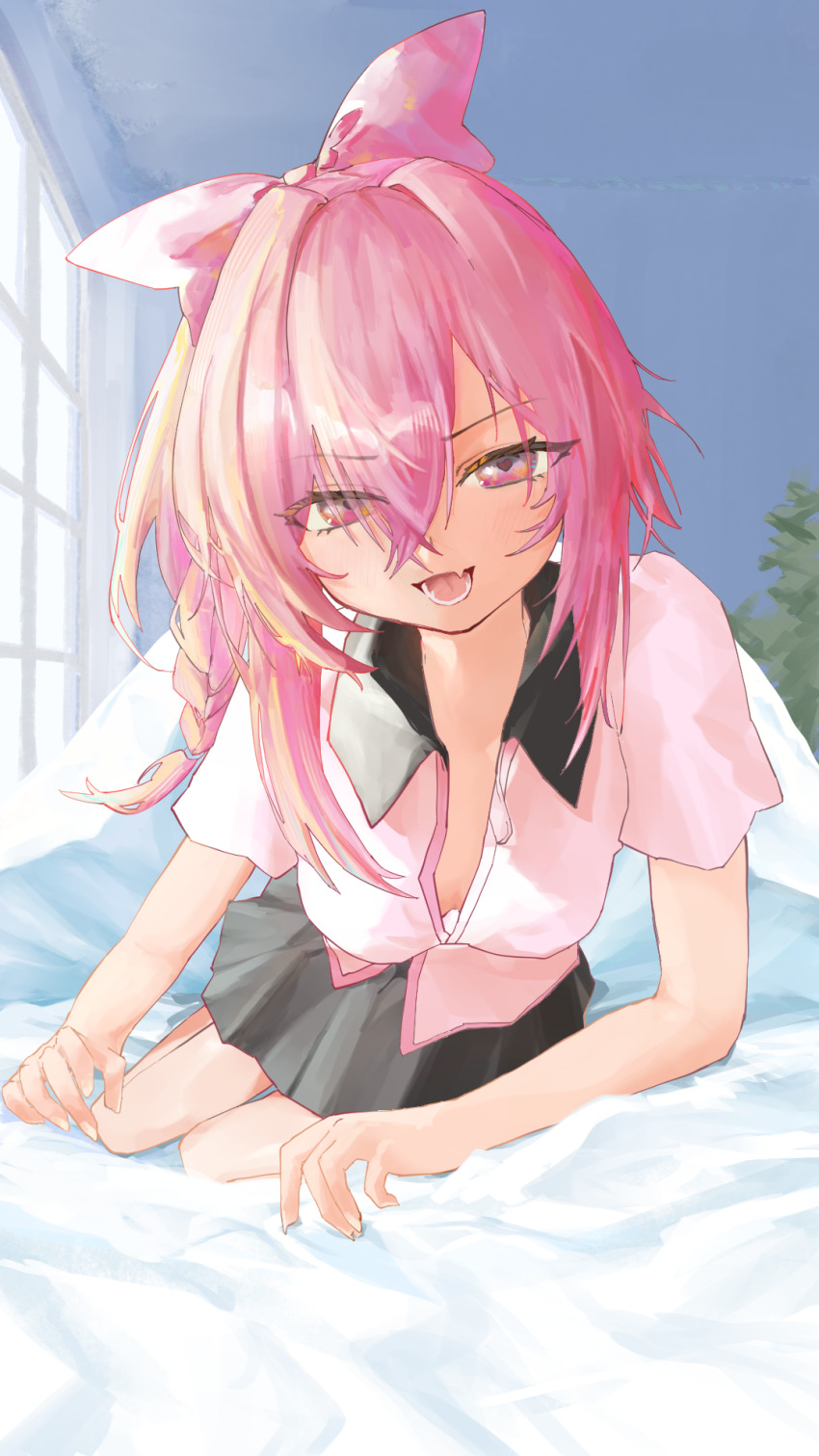 1girl, black_skirt, blue_background, bow, braid, breasts, commentary_request, cookie_(touhou)