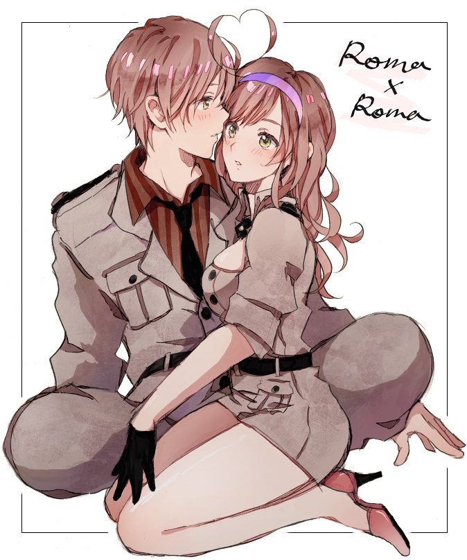 1boy, 1girl, ahoge, axis_powers_hetalia, bad_id, bad_pixiv_id, blush, border, breasts, brown_hair, cleavage, couple, dual_persona, full_body, genderswap, genderswap_(mtf), gloves, hairband, heart, heart_ahoge, hetero, high_heels, hishi_(k-xaby), kneeling, medium_breasts, military, military_uniform, miniskirt, necktie, no_socks, pants, pencil_skirt, seiza, selfcest, shirt, shoes, short_hair, simple_background, sitting, skirt, southern_italy_(female)_(hetalia), southern_italy_(hetalia), squatting, striped_clothes, striped_shirt, thighs, wavy_hair, yellow_eyes