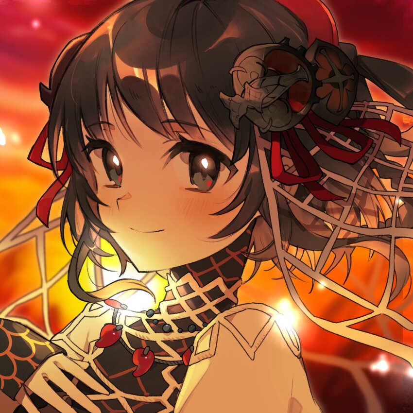 1girl, black_hair, blurry, blurry_background, closed_mouth, fate/samurai_remnant, fate_(series), green_eyes