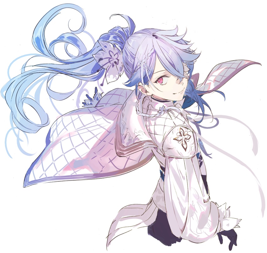 1boy, absurdres, arm_at_side, black_gloves, blue_hair, braid, cape, closed_mouth