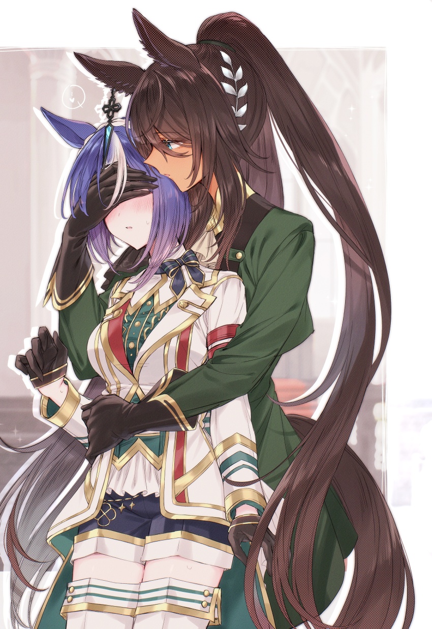 2girls, absurdres, animal_ears, black_gloves, black_hair, blue_eyes, blue_hair, boots