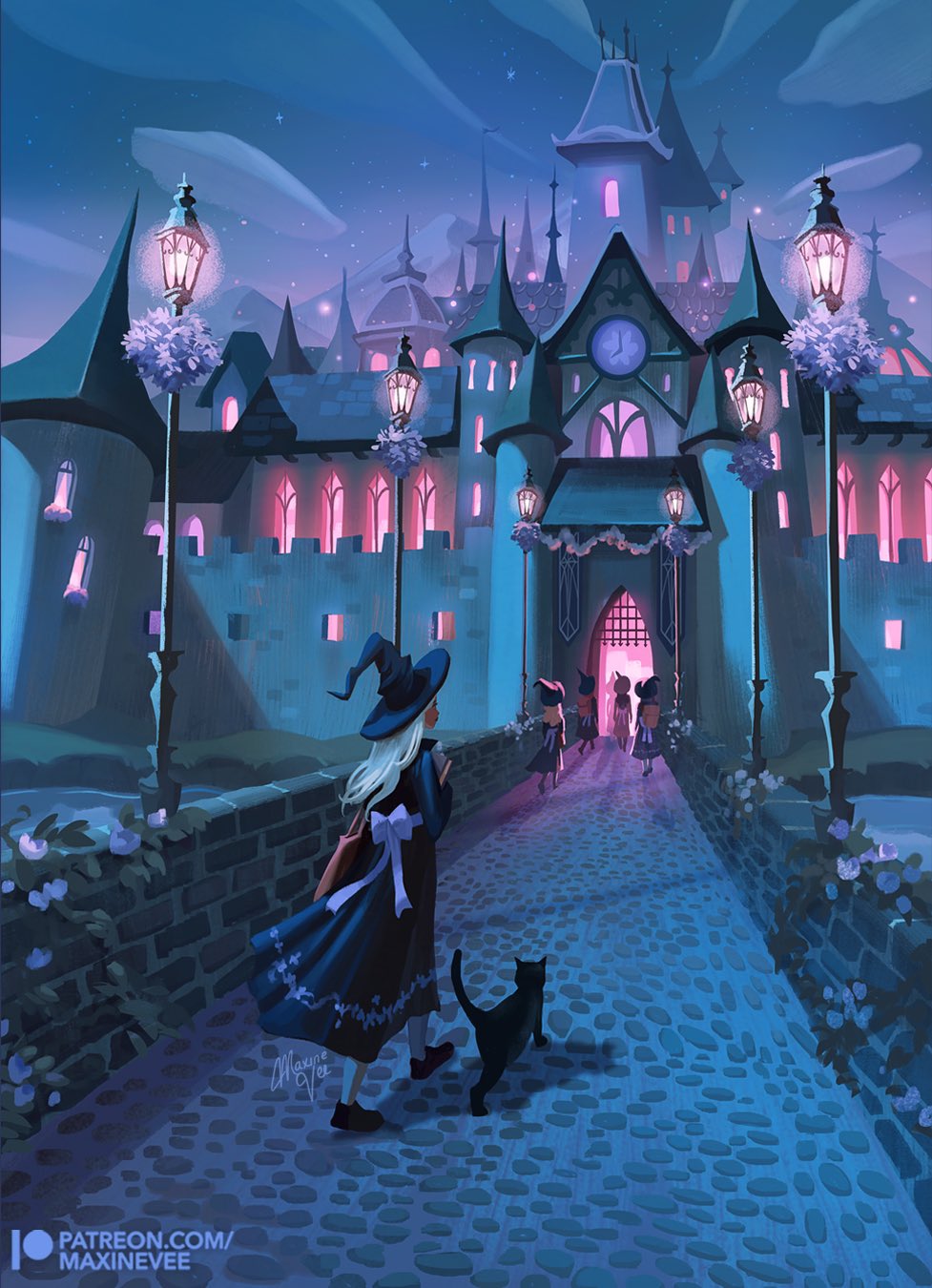 6+girls, back_bow, backpack, bag, banner, battlement, black_cat, black_dress