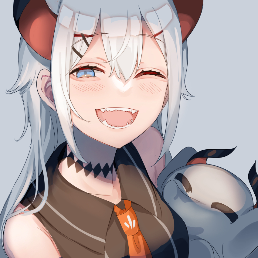 1girl, black_horns, blue_eyes, blush, grey_background, hair_ornament, hairclip, highres