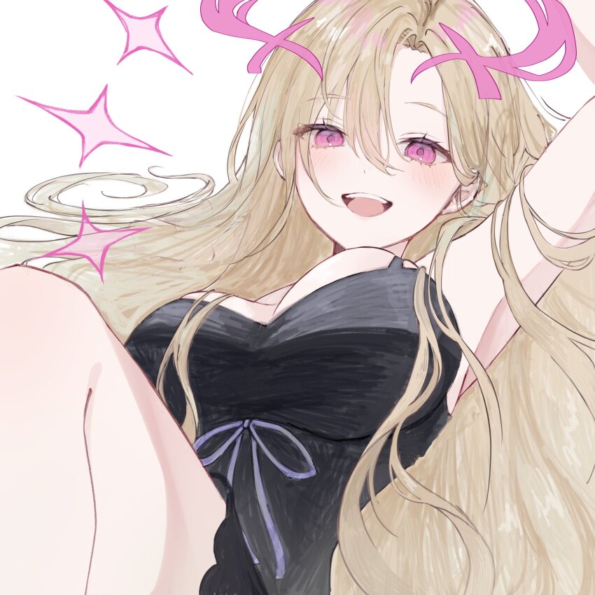 1girl, black_dress, blonde_hair, blush, bow, breasts, cleavage, commentary