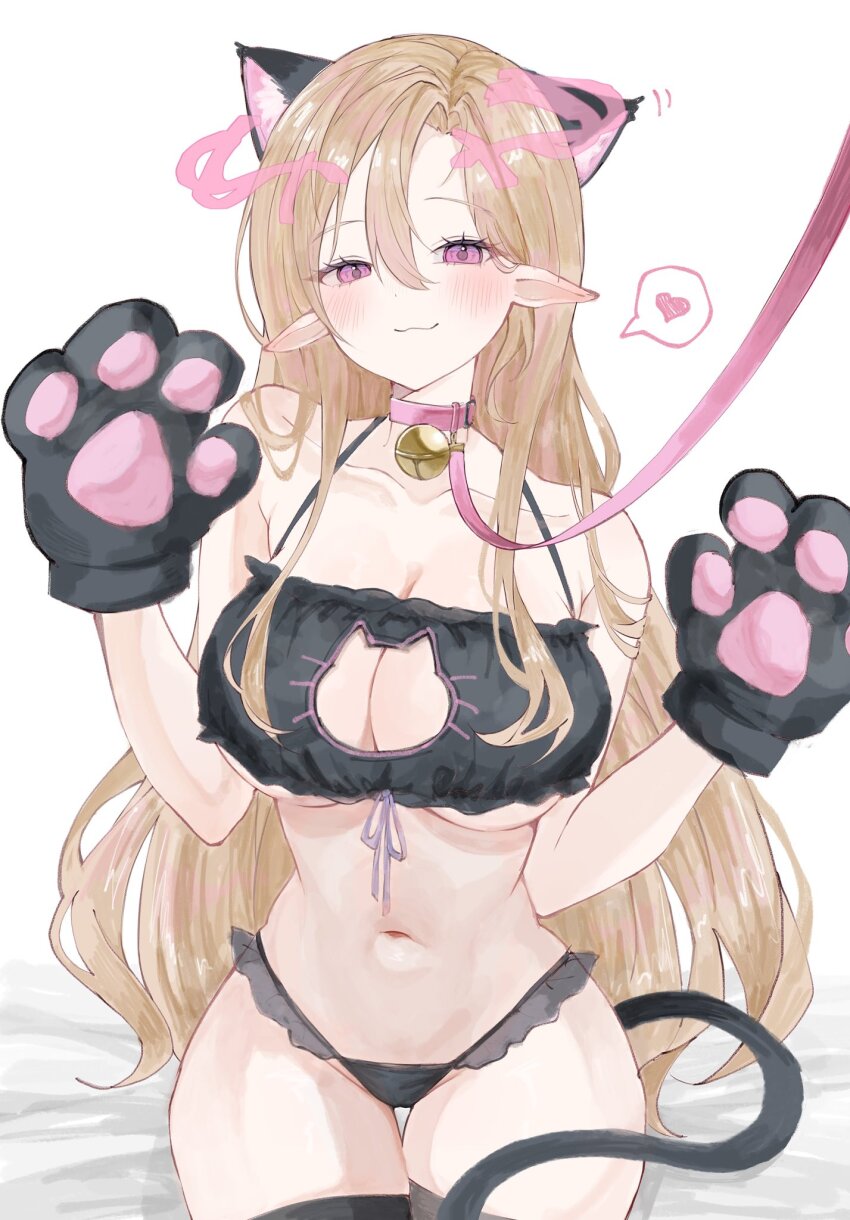 1girl, animal_ears, animal_hands, armpit_crease, bell, black_panties, blonde_hair, blush