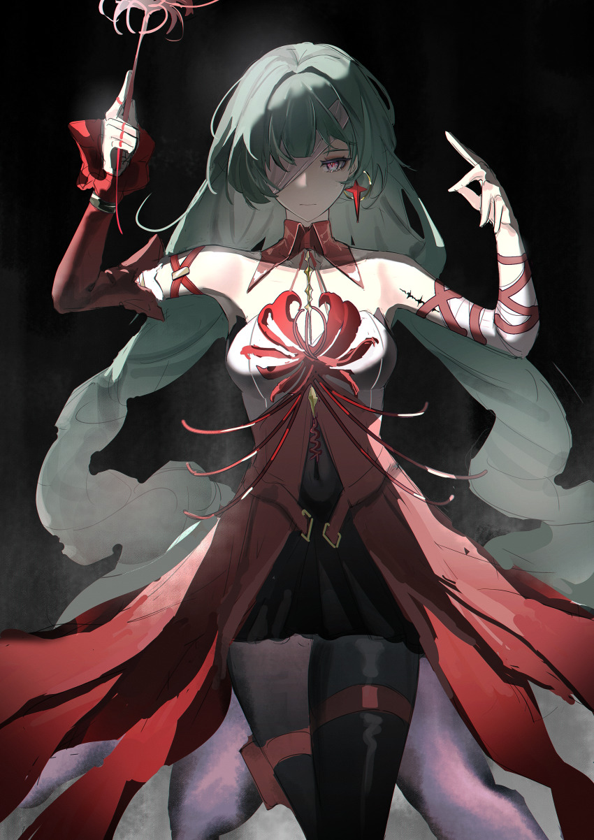 1girl, absurdres, bandage_over_one_eye, bandaged_arm, bandages, bare_shoulders, black_skirt, breasts