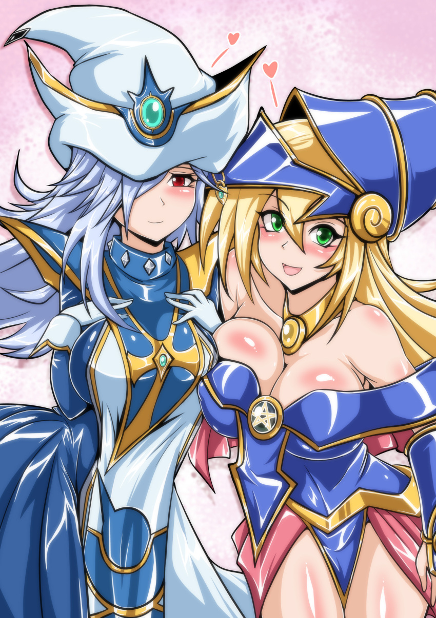 2girls, absurdres, bare_shoulders, blonde_hair, blue_dress, blue_hat, breasts, dark_magician_girl
